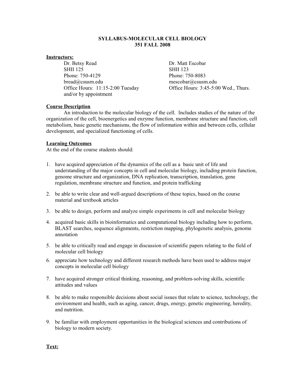 Syllabus-Molecular Cell Biology