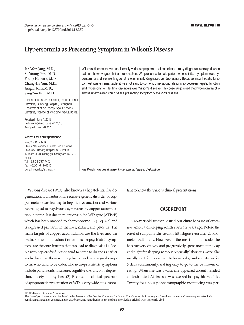Hypersomnia As Presenting Symptom in Wilson's Disease