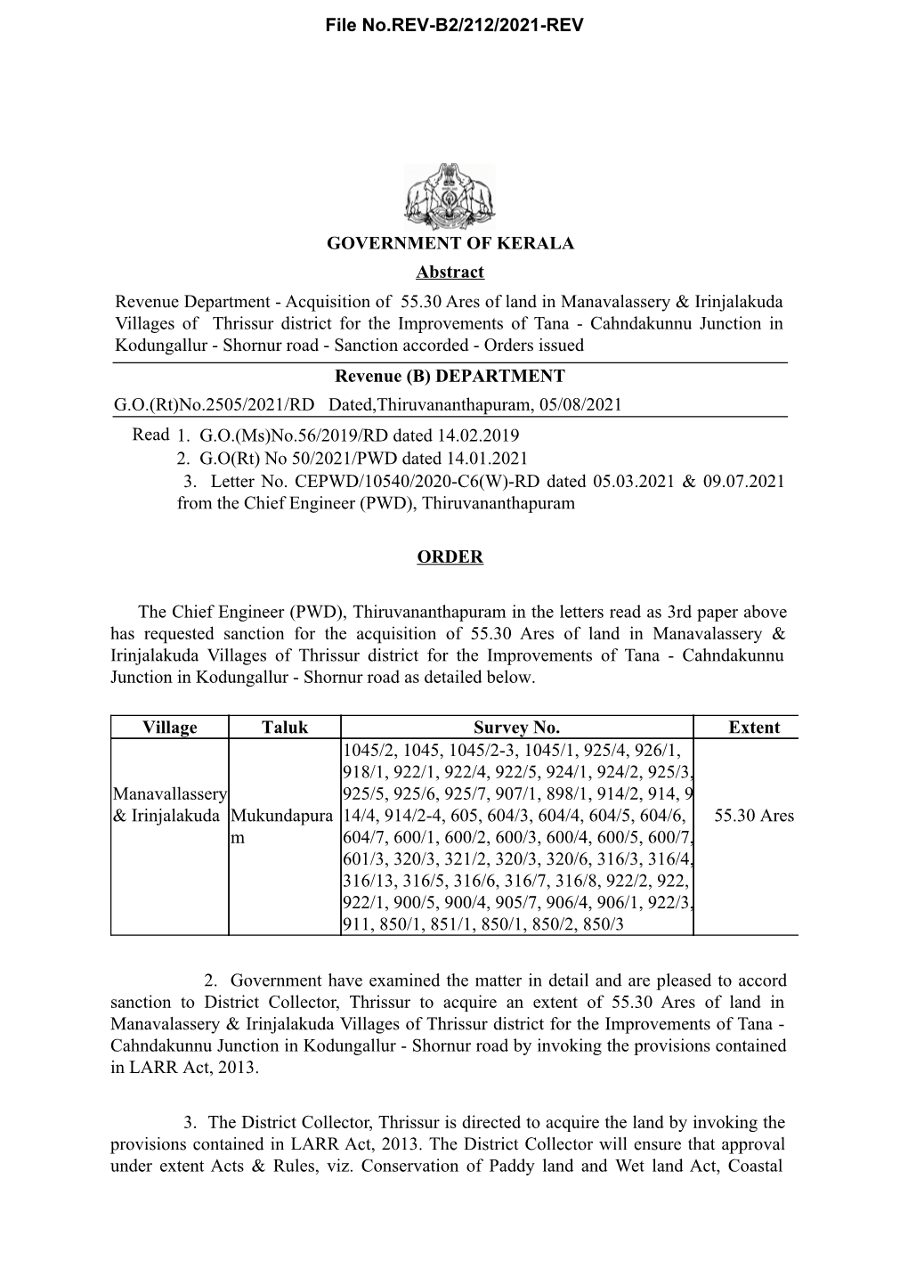 GOVERNMENT of KERALA Abstract Revenue Department