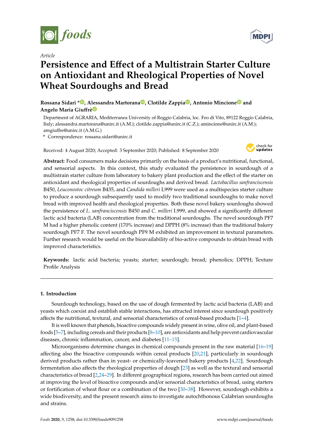 Persistence and Effect of a Multistrain Starter Culture on Antioxidant and Rheological Properties of Novel Wheat Sourdoughs