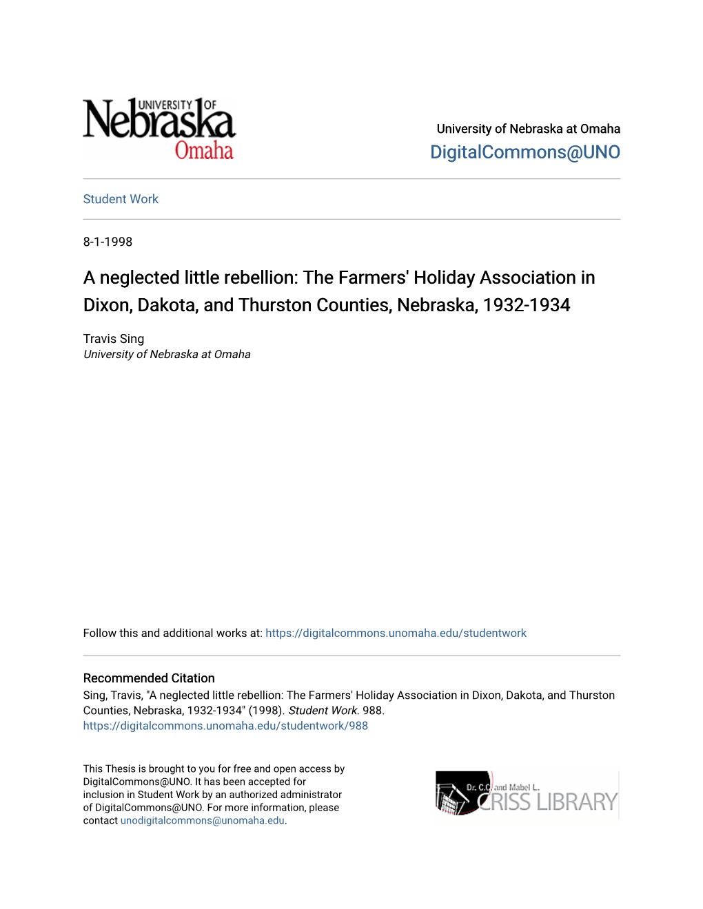 The Farmers' Holiday Association in Dixon, Dakota, and Thurston Counties, Nebraska, 1932-1934