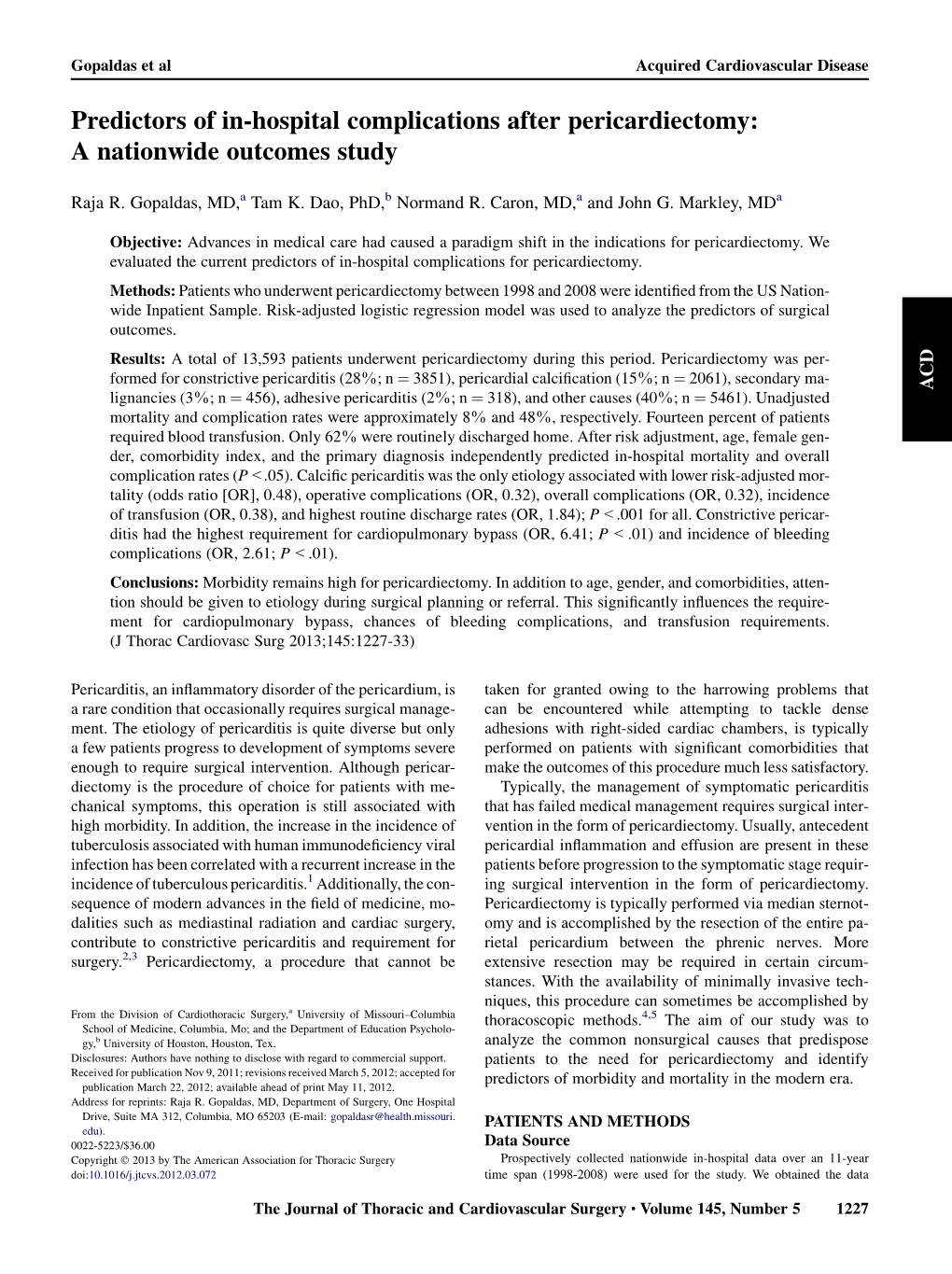 Predictors of In-Hospital Complications After Pericardiectomy: a Nationwide Outcomes Study