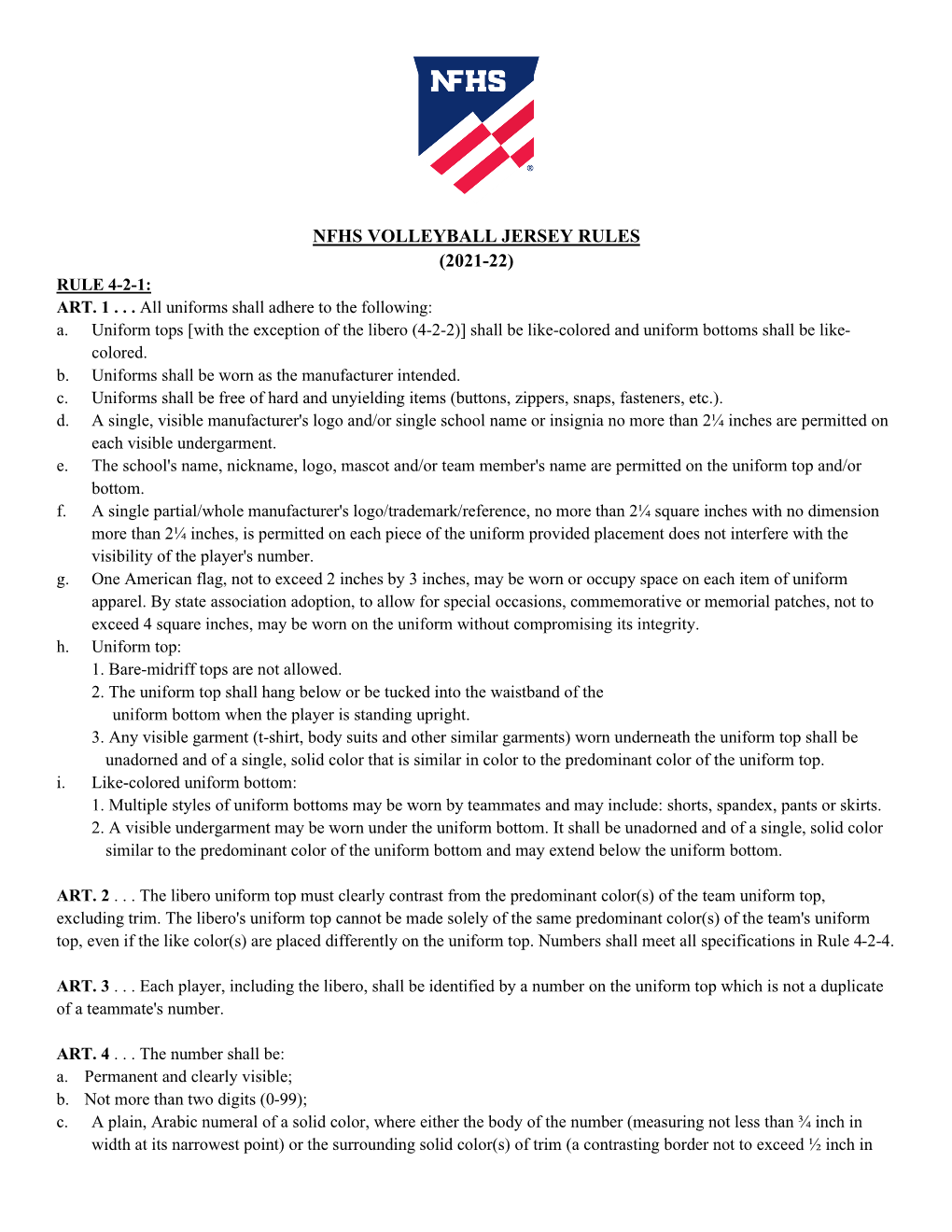 Nfhs Volleyball Jersey Rules (2021-22) Rule 4-2-1: Art