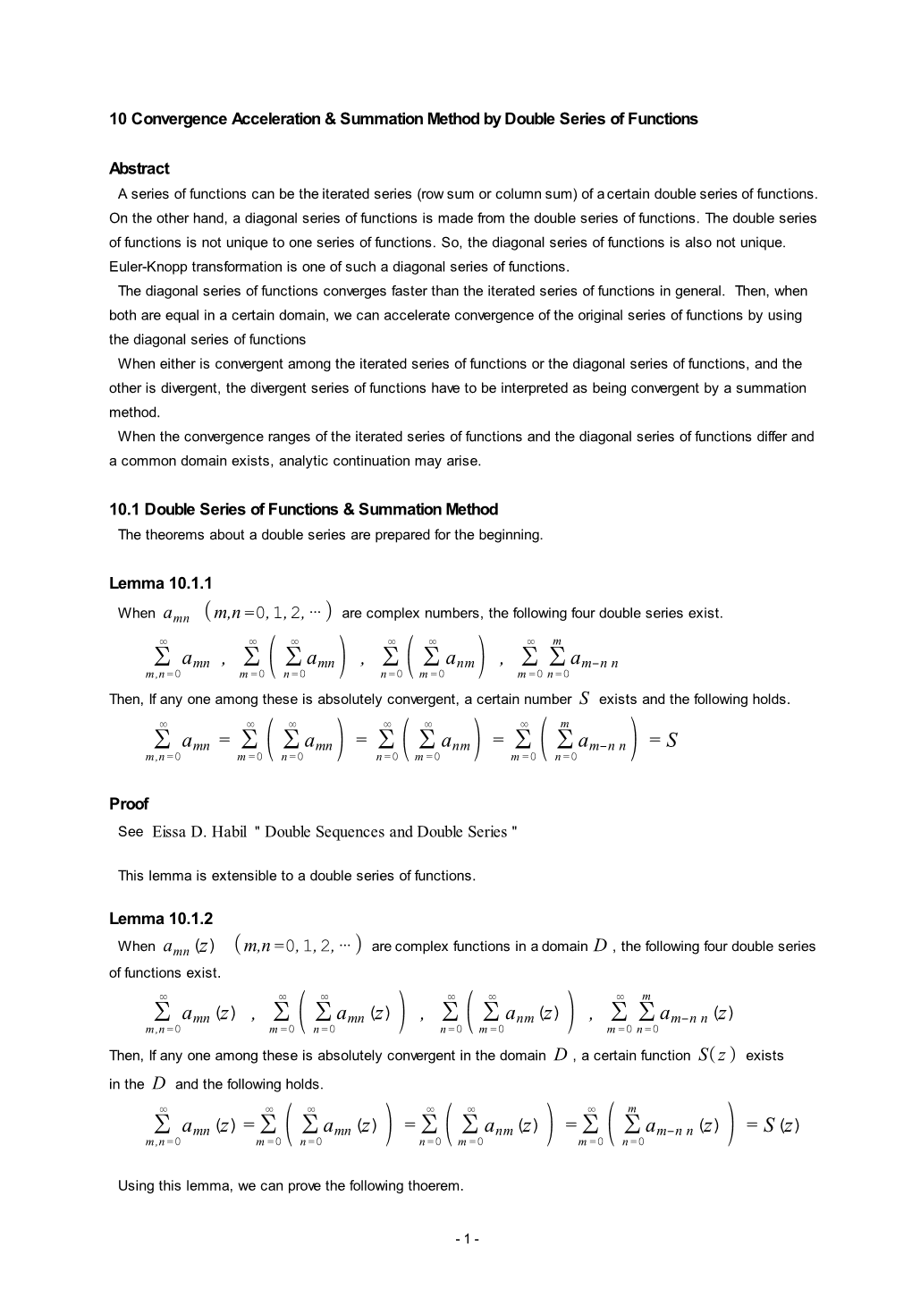 Convergence Acceleration & Summation Method by Double Series of Functions