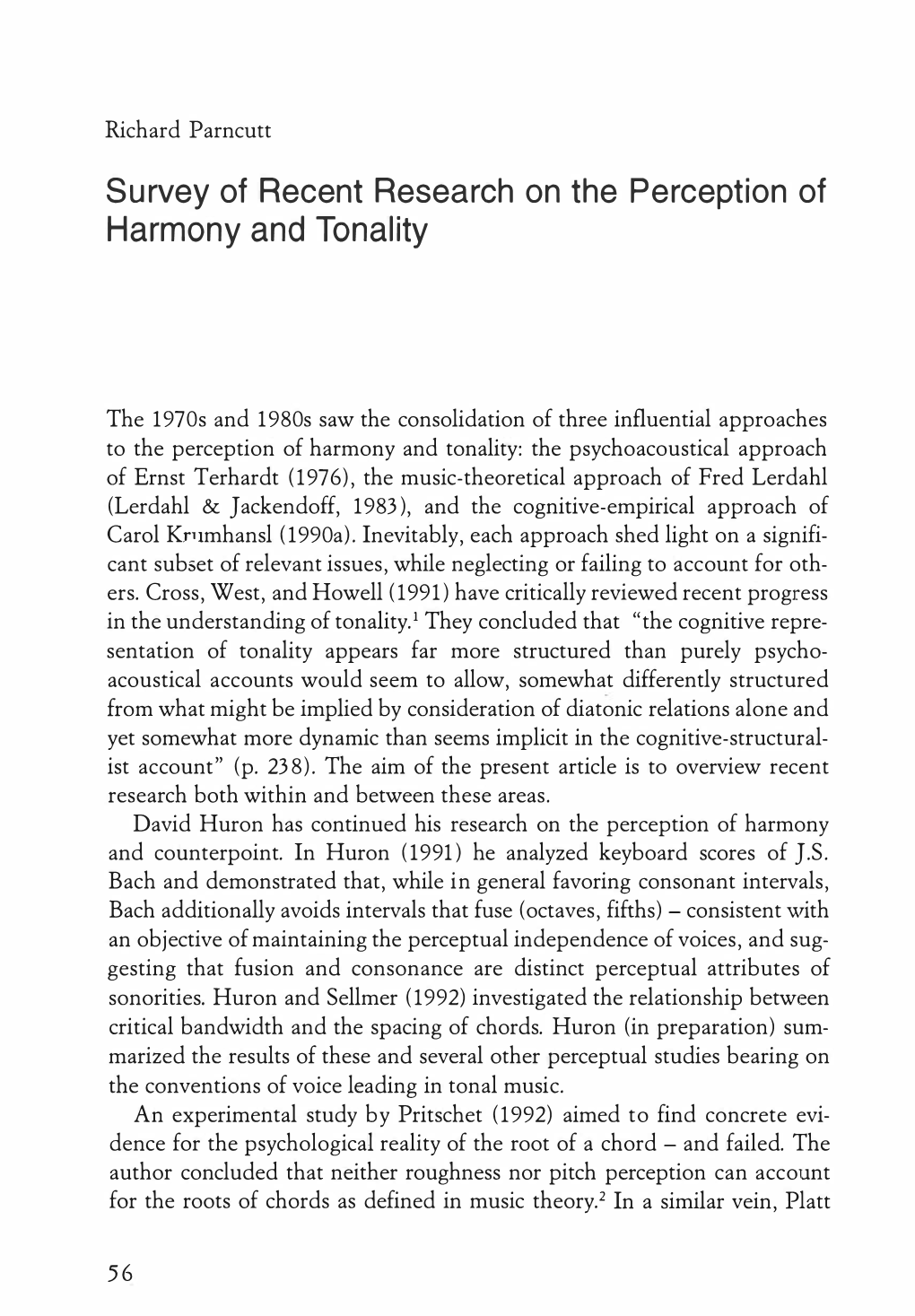 Survey of Recent Research on the Perception of Harmony and Tonality