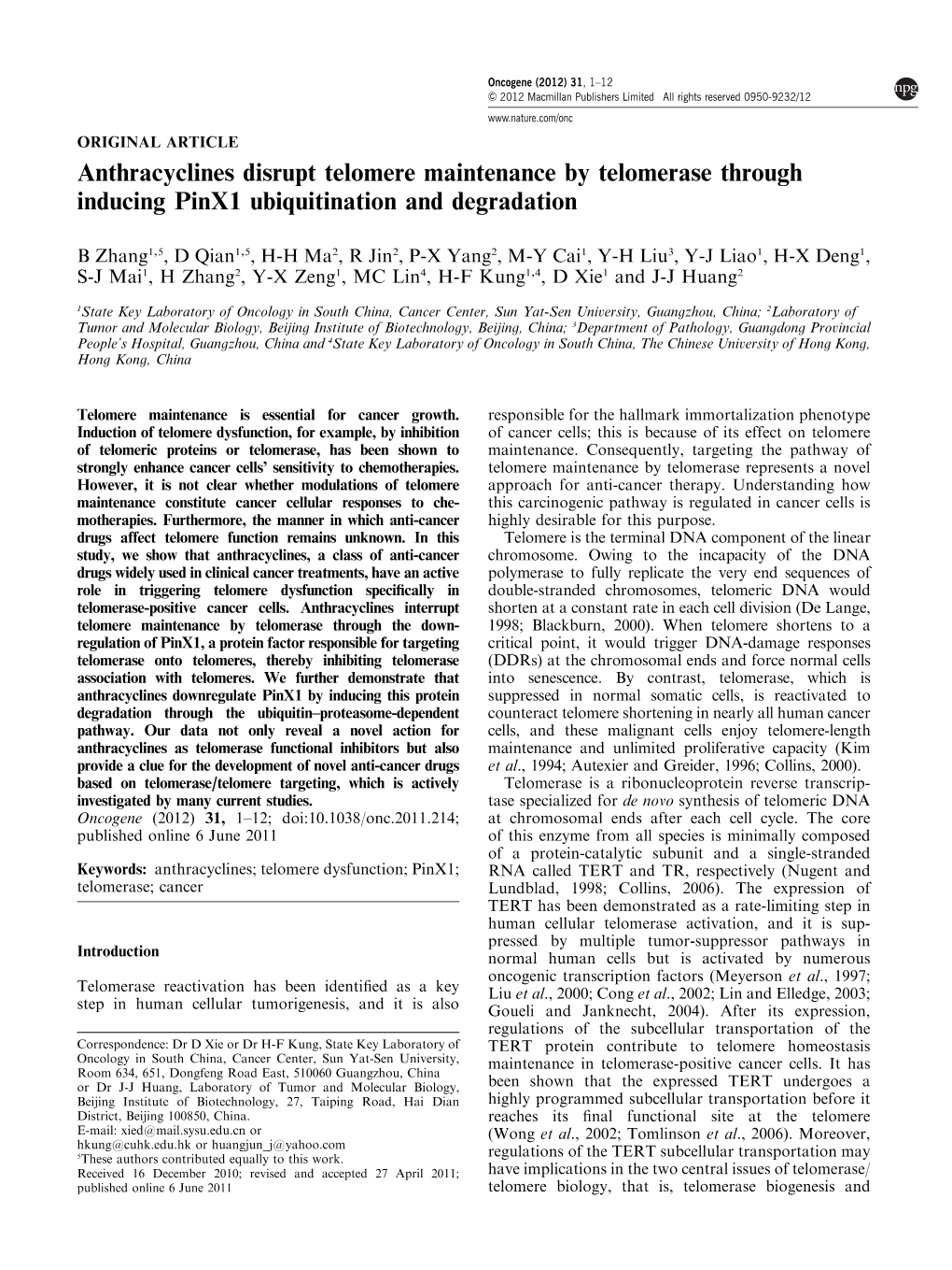 Anthracyclines Disrupt Telomere Maintenance by Telomerase Through Inducing Pinx1 Ubiquitination and Degradation