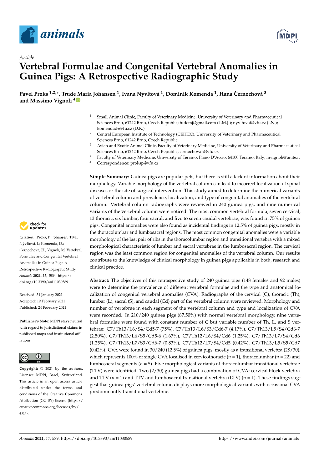 Vertebral Formulae and Congenital Vertebral Anomalies in Guinea Pigs: a Retrospective Radiographic Study