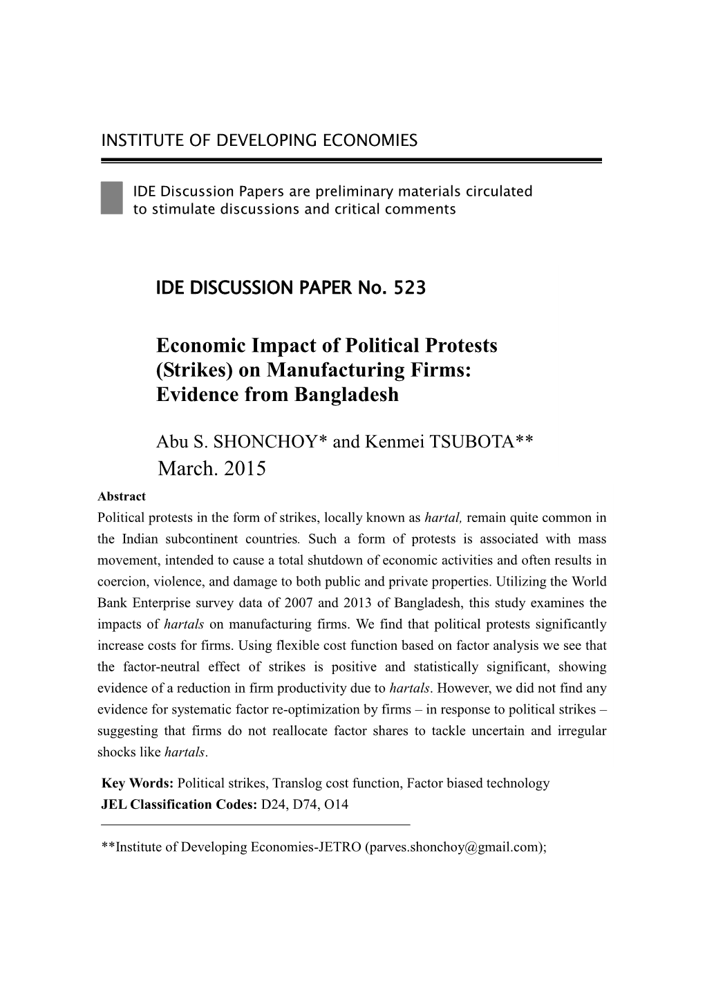 Economic Impact of Political Protests (Strikes) on Manufacturing Firms: Evidence from Bangladesh