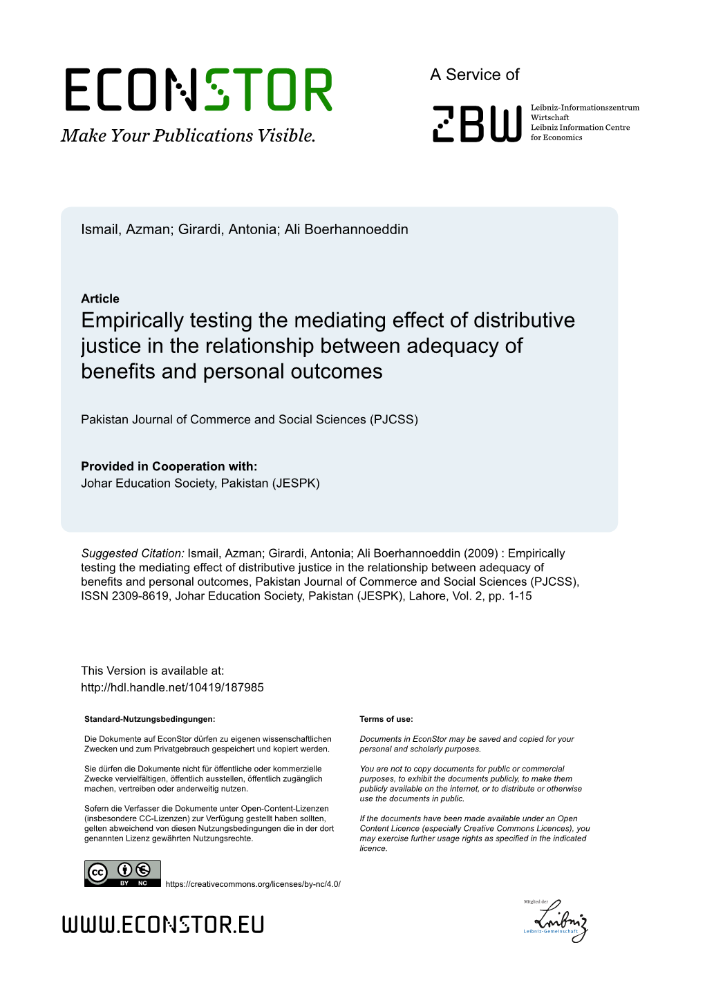 Empirically Testing the Mediating Effect of Distributive Justice in the Relationship Between Adequacy of Benefits and Personal Outcomes