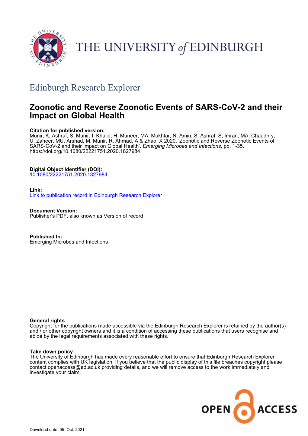 Zoonotic and Reverse Zoonotic Events of SARS-Cov-2 and Their Impact on Global Health', Emerging Microbes and Infections, Pp