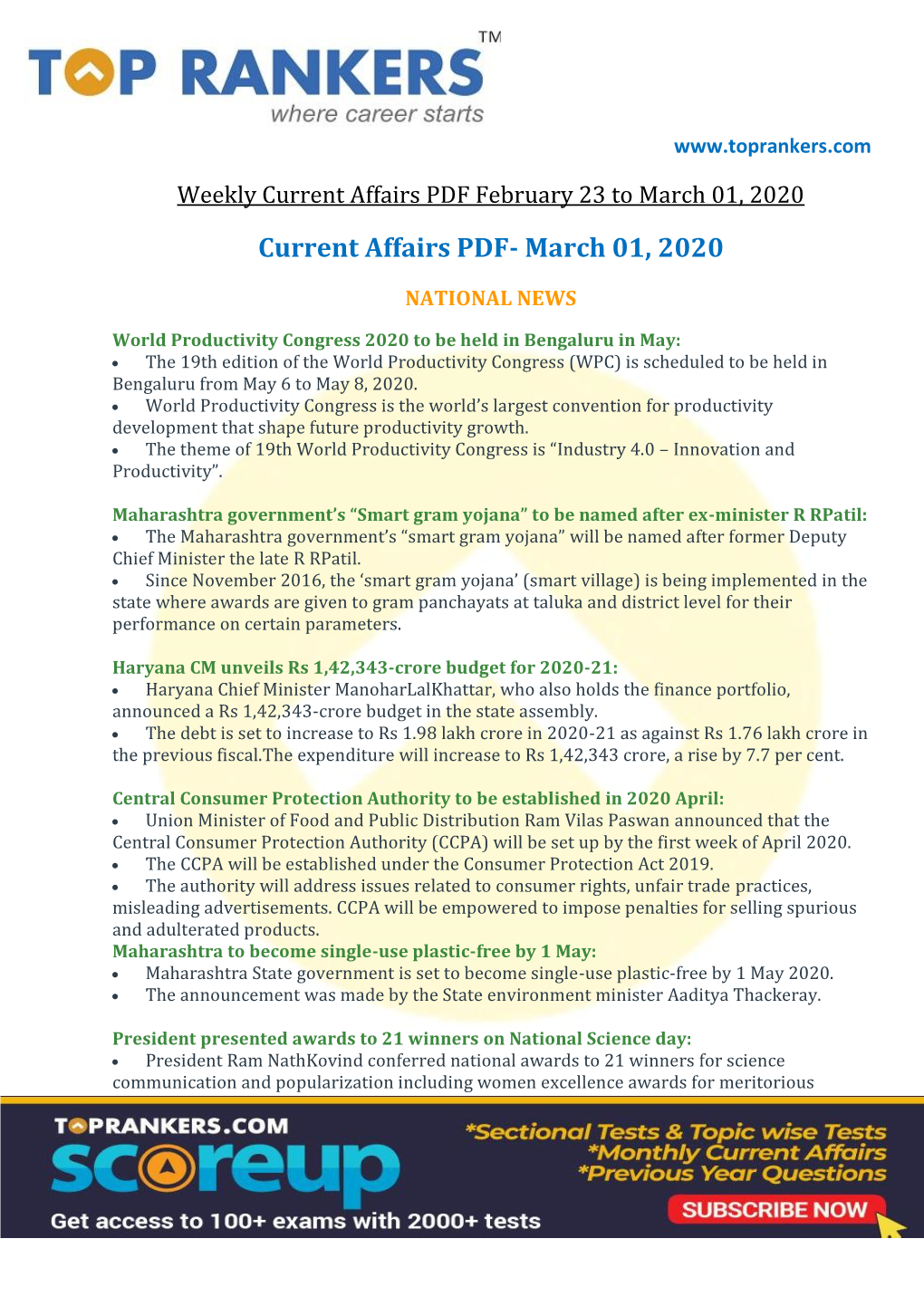 Current Affairs PDF February 23 to March 01, 2020