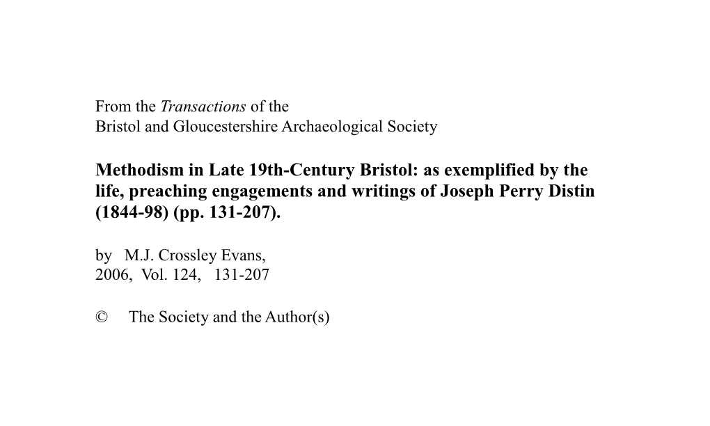 Methodism in Late 19Th-Century Bristol: As Exemplified by the Life, Preaching Engagements and Writings of Joseph Perry Distin (1844-98) (Pp