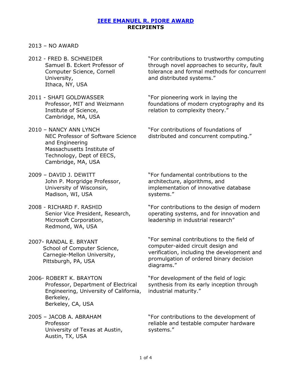 Ieee Emanuel R. Pi0re Award Recipients