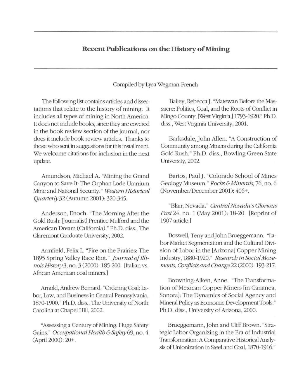 Recent Publications on the History of Mining