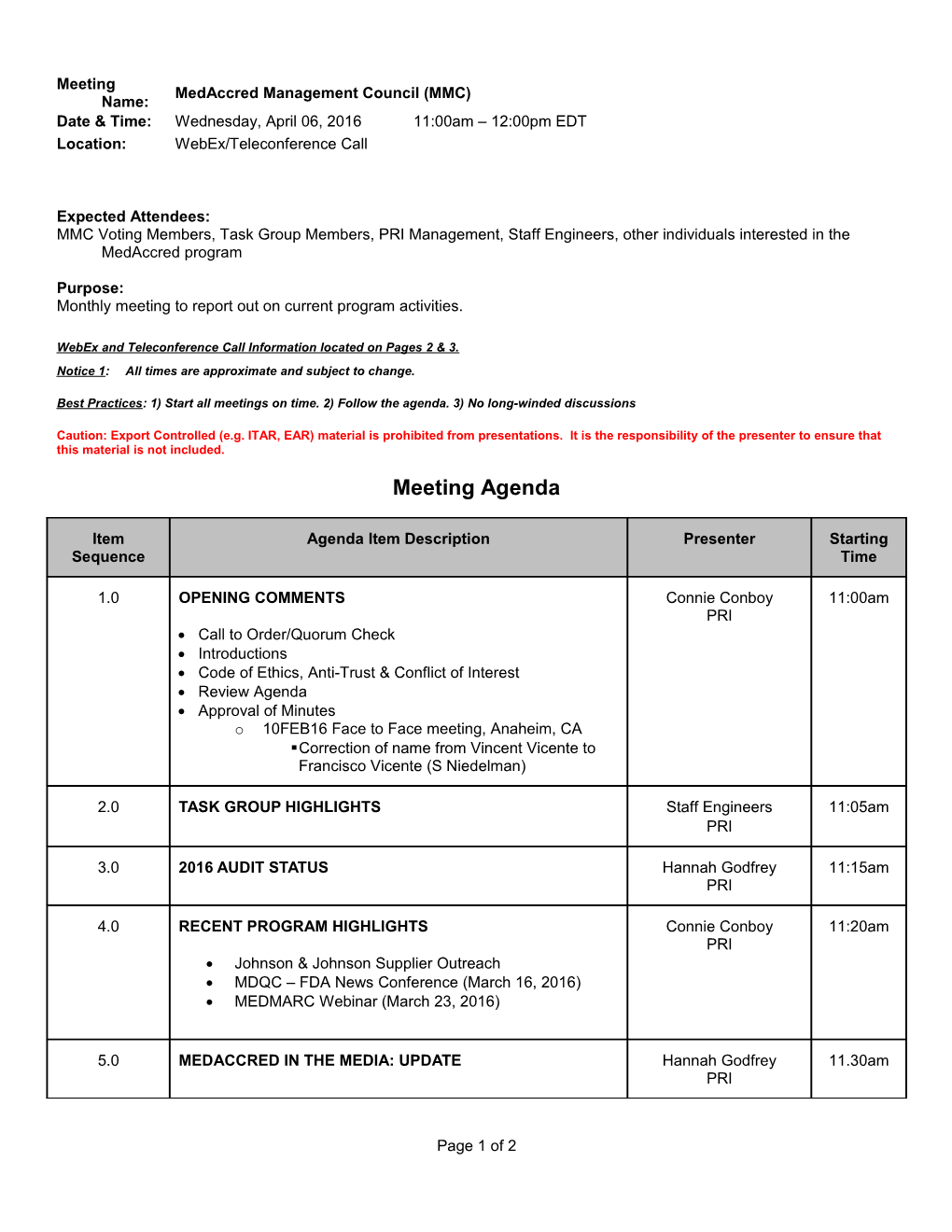 MMC Meeting Agenda