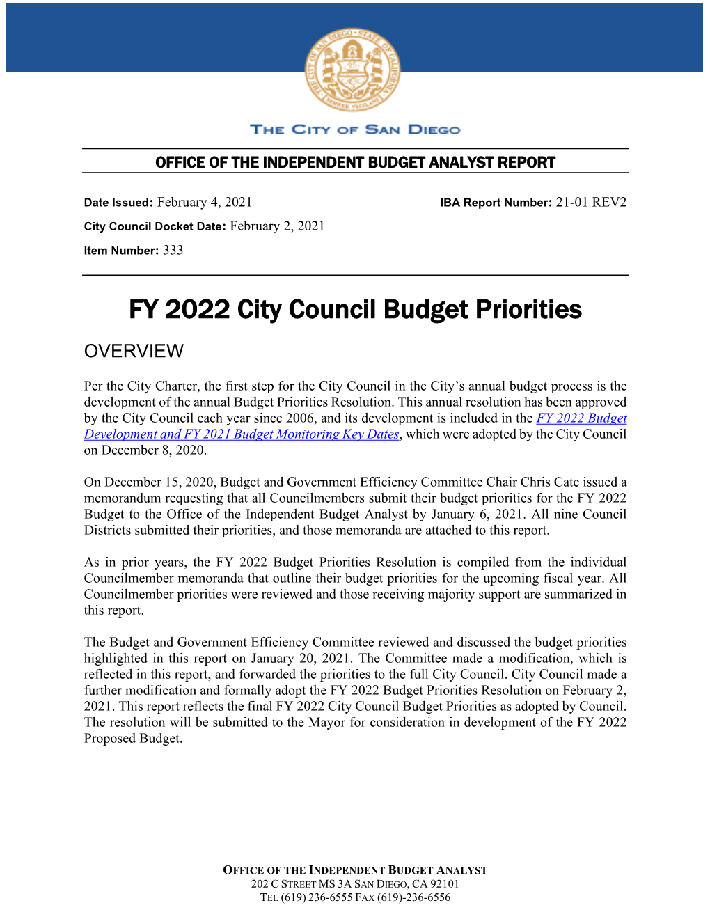 FY 2022 City Council Budget Priorities