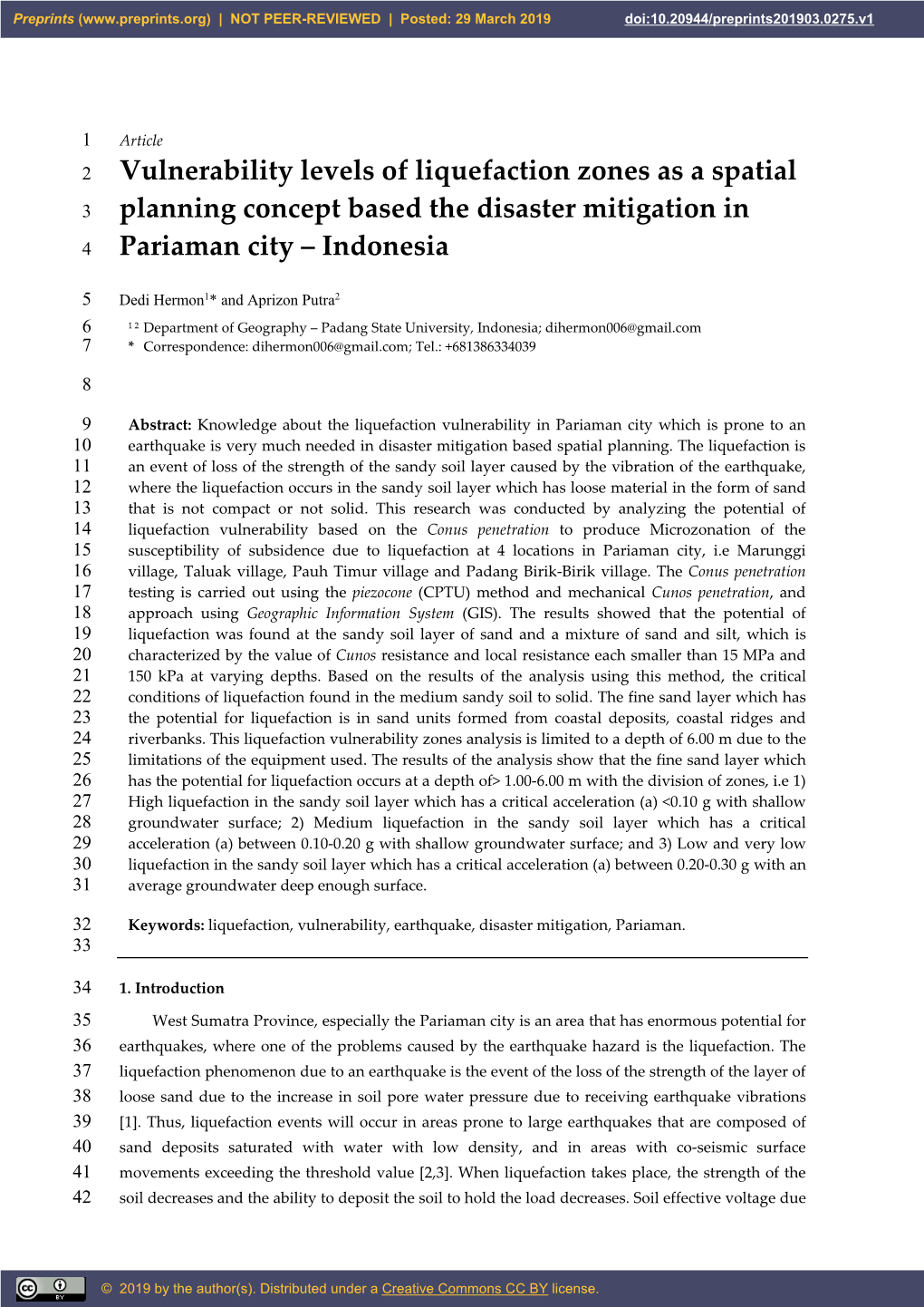 Vulnerability Levels of Liquefaction Zones As a Spatial Planning Concept Based the Disaster Mitigation in Pariaman City