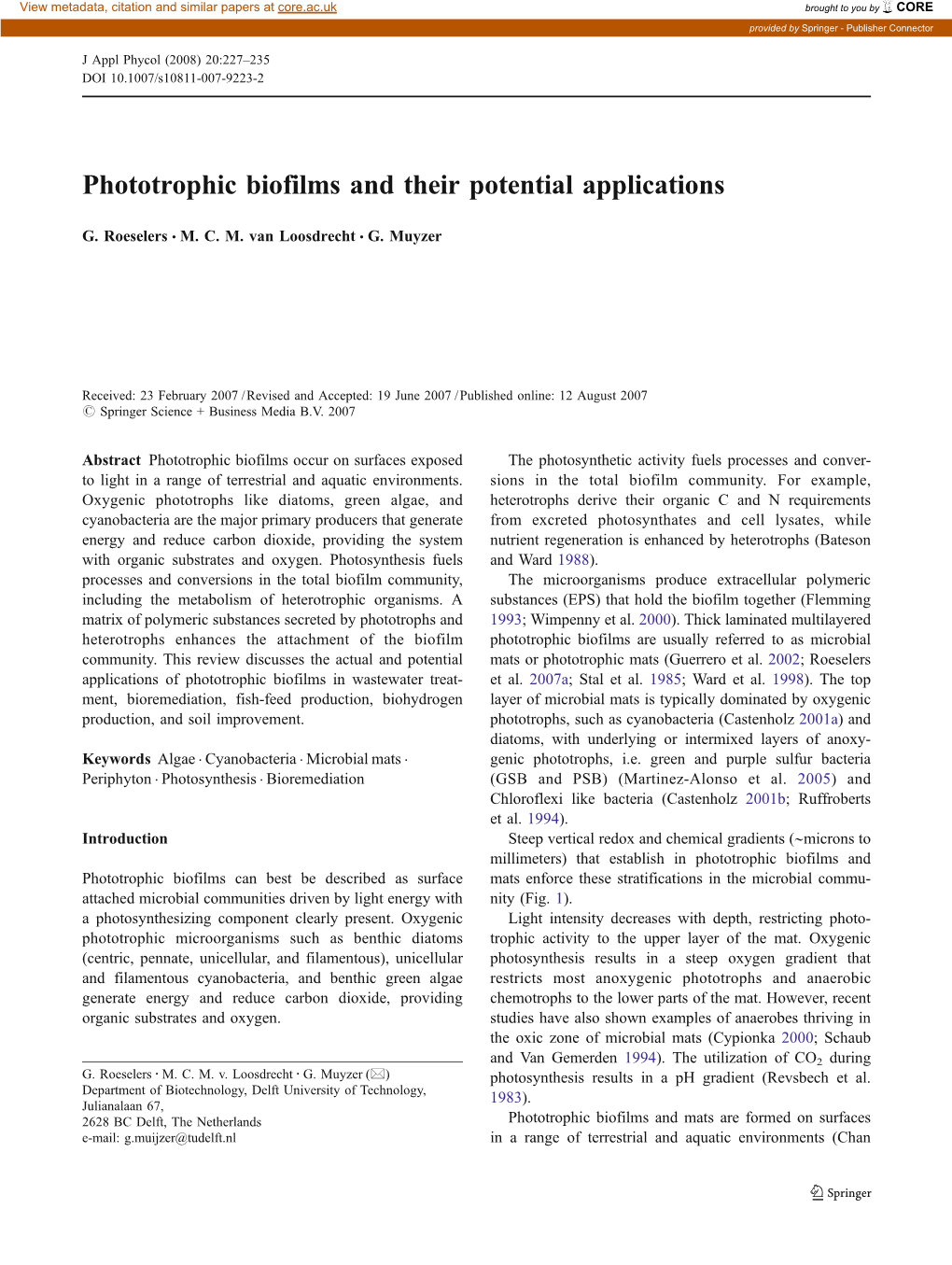 Phototrophic Biofilms and Their Potential Applications