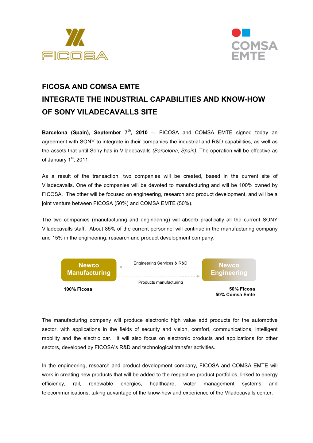 Ficosa and Comsa Emte Integrate the Industrial Capabilities and Know-How of Sony Viladecavalls Site