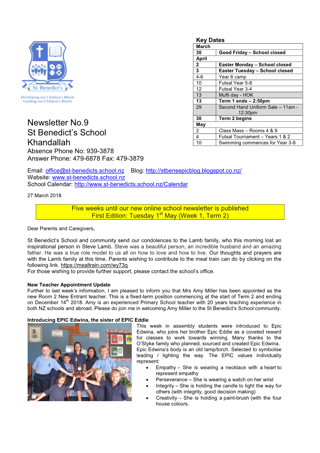 Newsletter No.9 St Benedict's School Khandallah