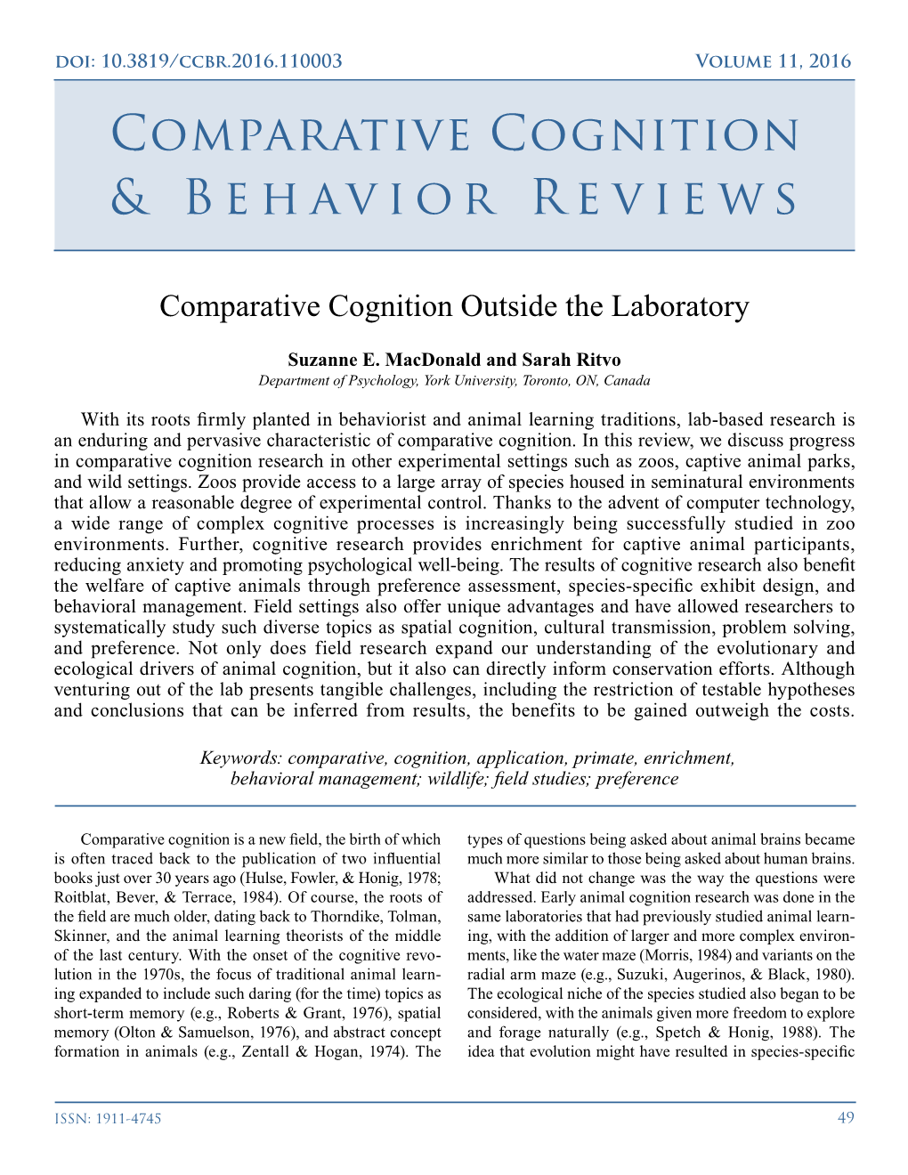 Comparative Cognition & Behavior Reviews