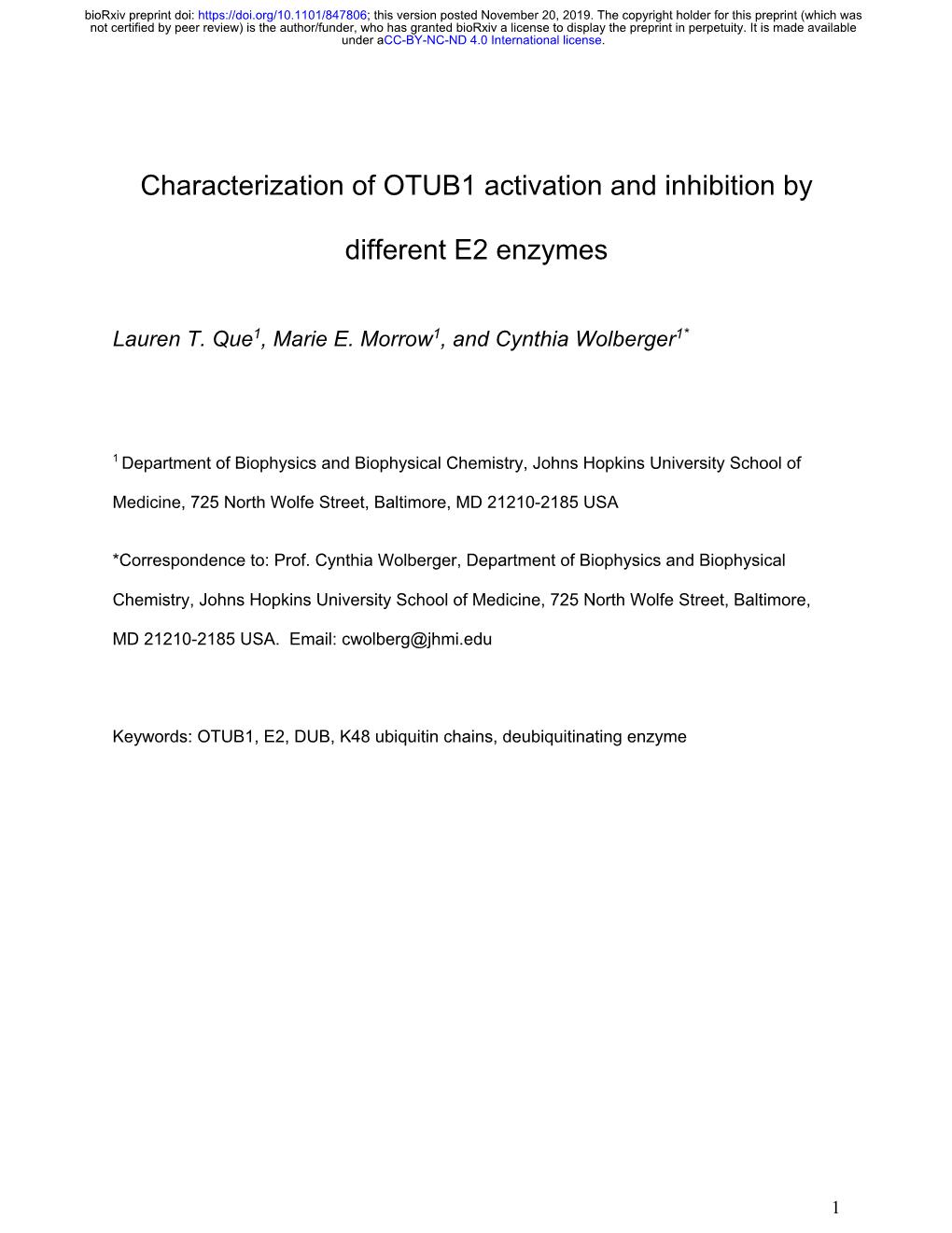 Characterization of OTUB1 Activation and Inhibition by Different E2 Enzymes