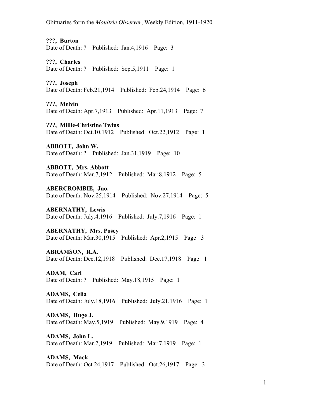 Obituaries Form the Moultrie Observer, Weekly Edition, 1911-1920 1