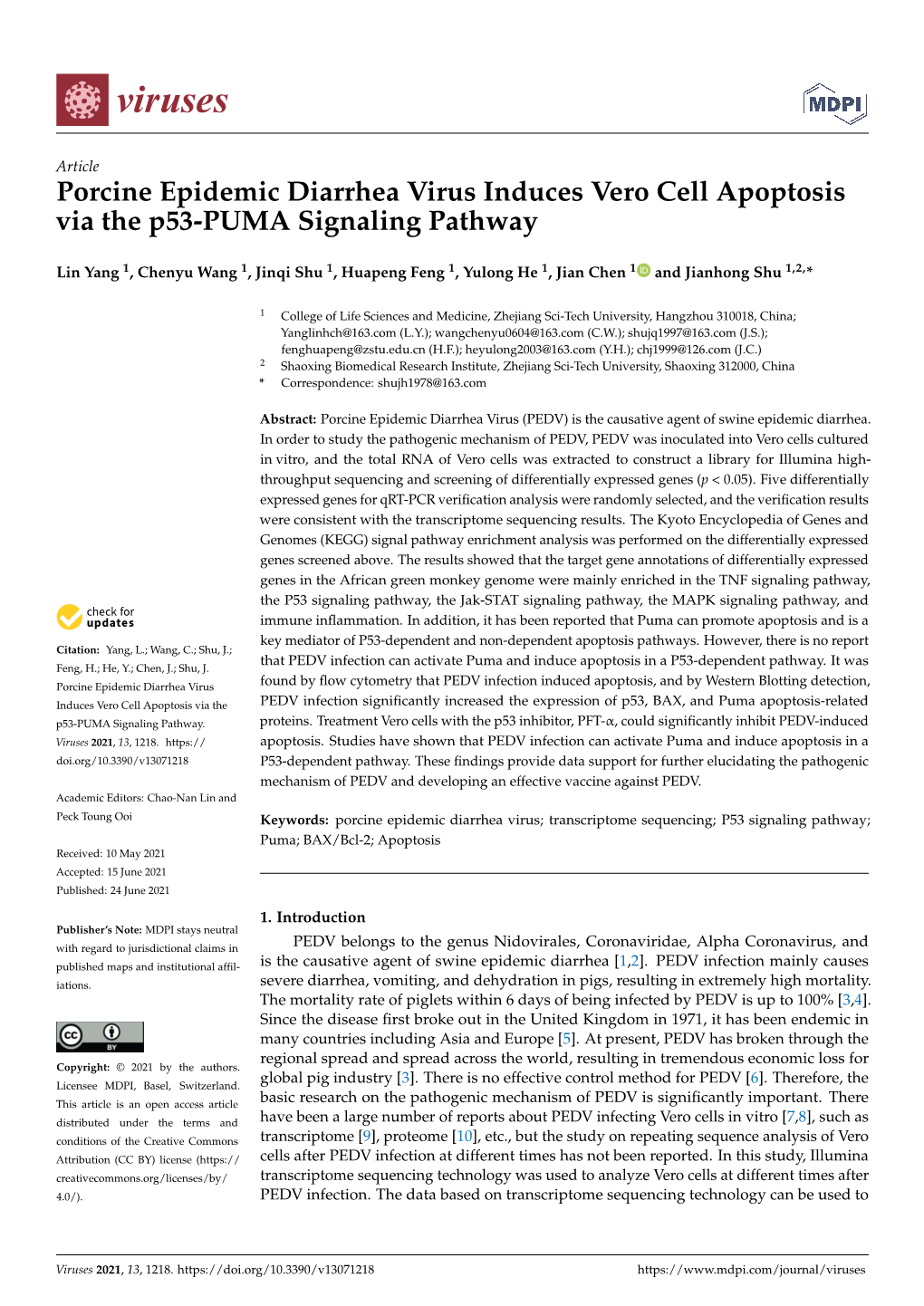 Porcine Epidemic Diarrhea Virus Induces Vero Cell Apoptosis Via the P53-PUMA Signaling Pathway