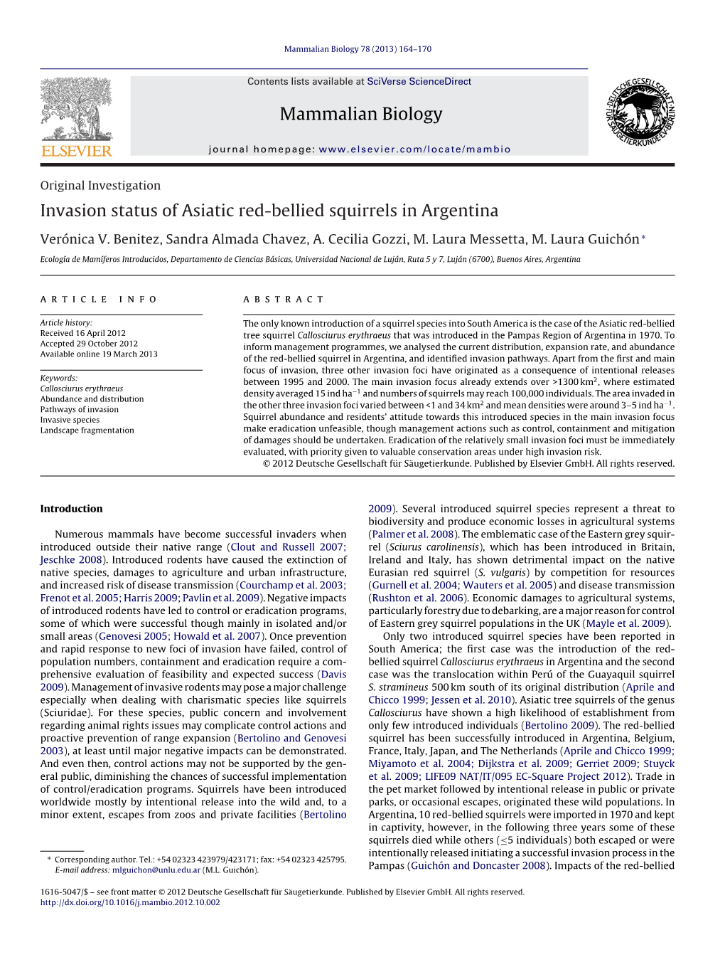 Invasion Status of Asiatic Red-Bellied Squirrels in Argentina