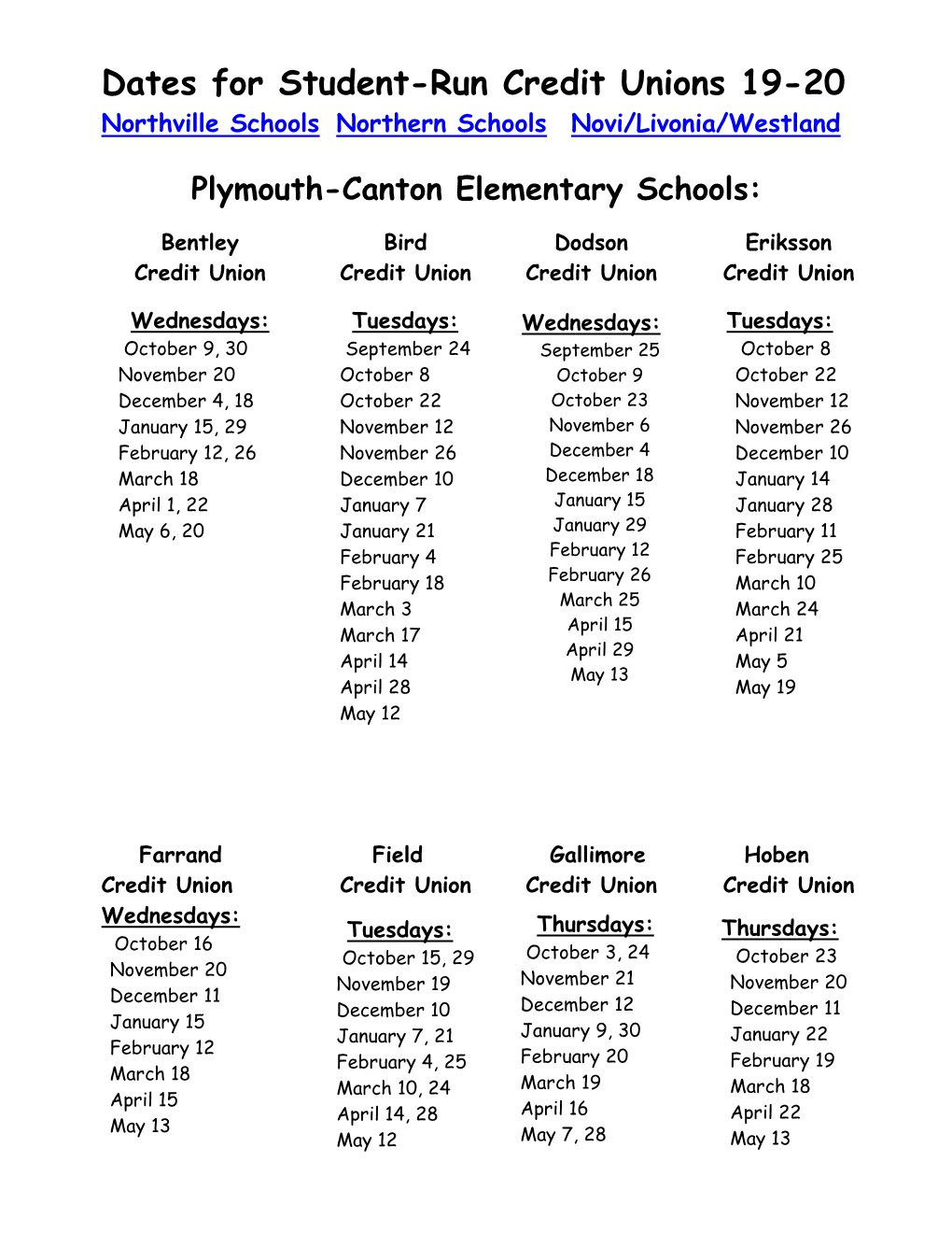 Dates for Student-Run Credit Unions 19-20 Northville Schools Northern Schools Novi/Livonia/Westland