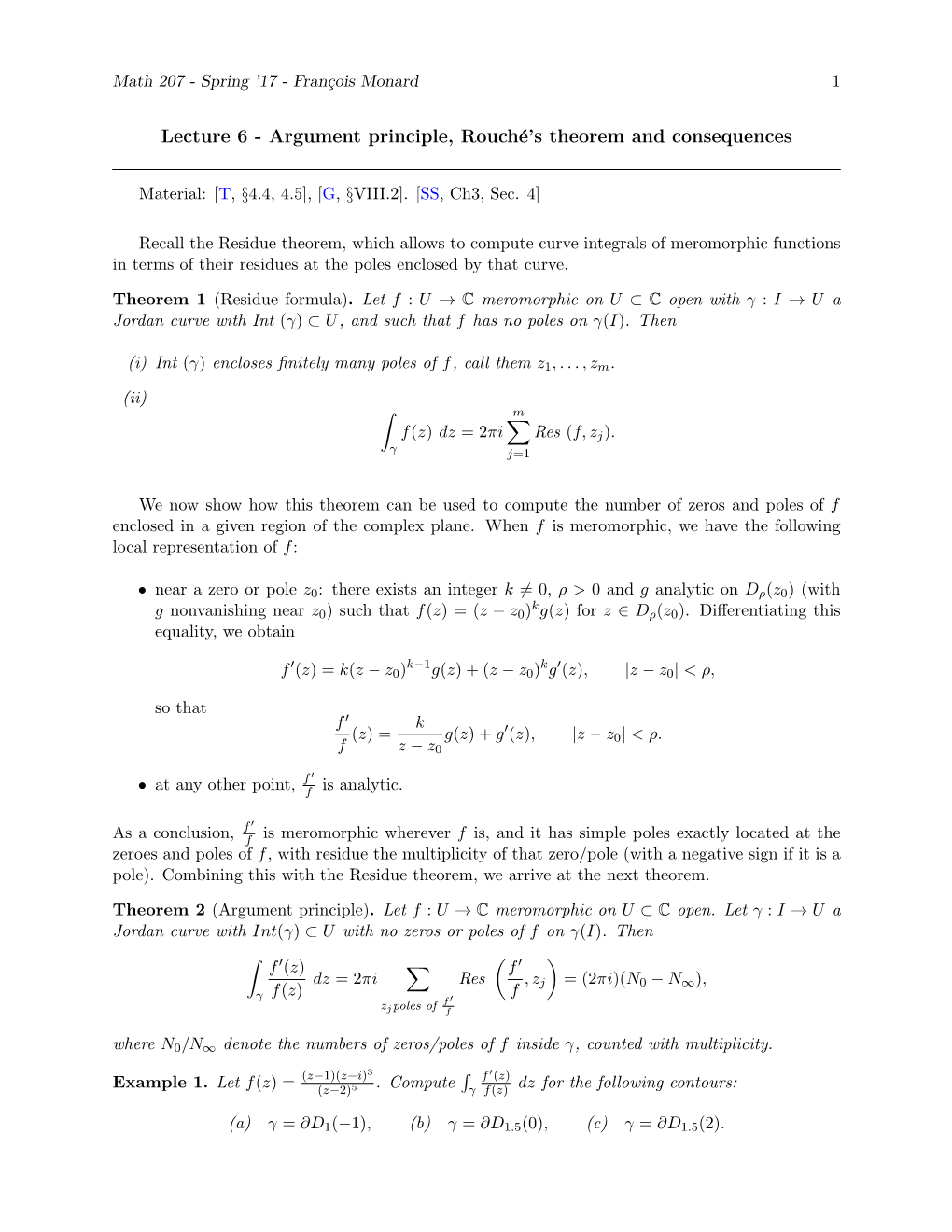 Lecture 6 - Argument Principle, Rouch´E’Stheorem and Consequences