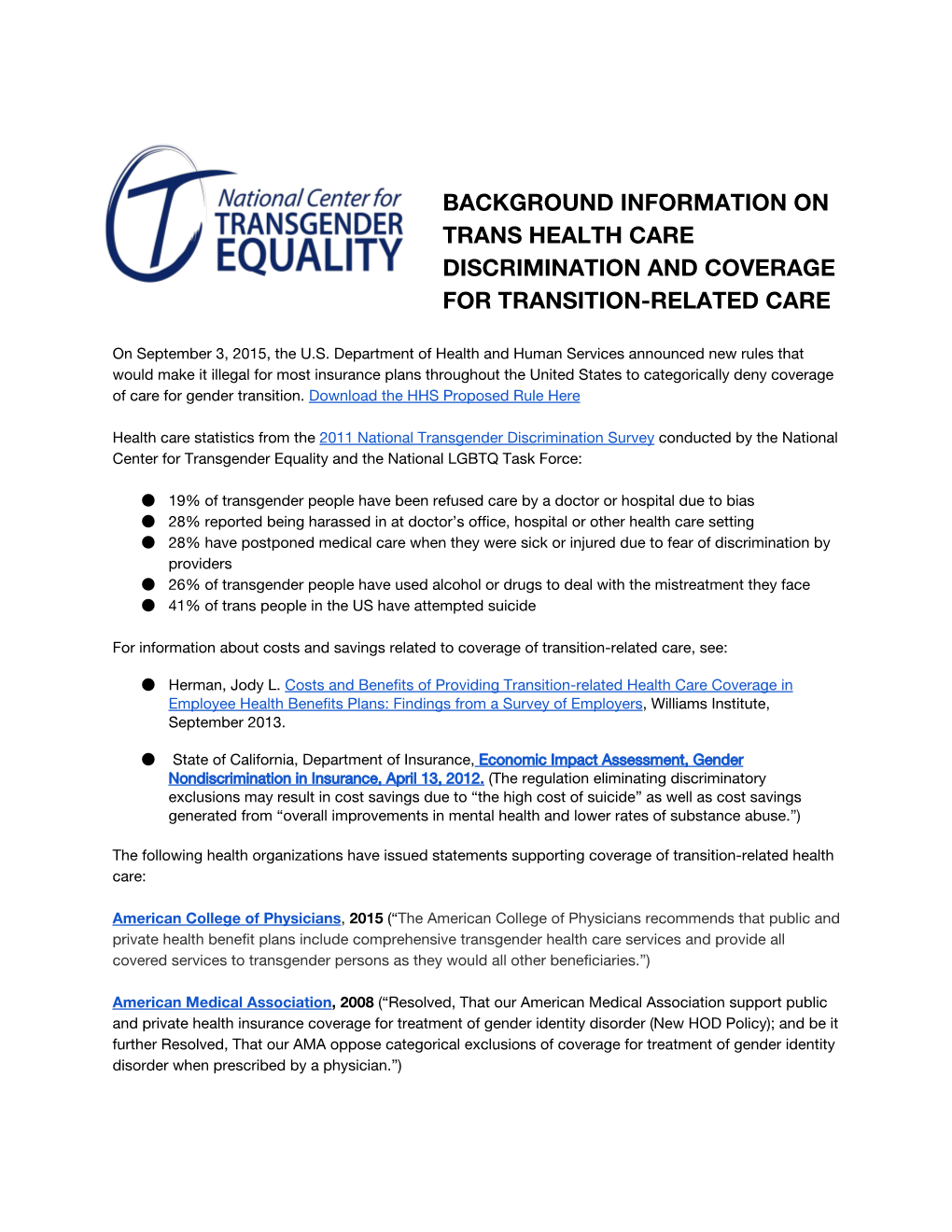 Background Information on Trans Health Care Discrimination and Coverage for Transition-Related Care