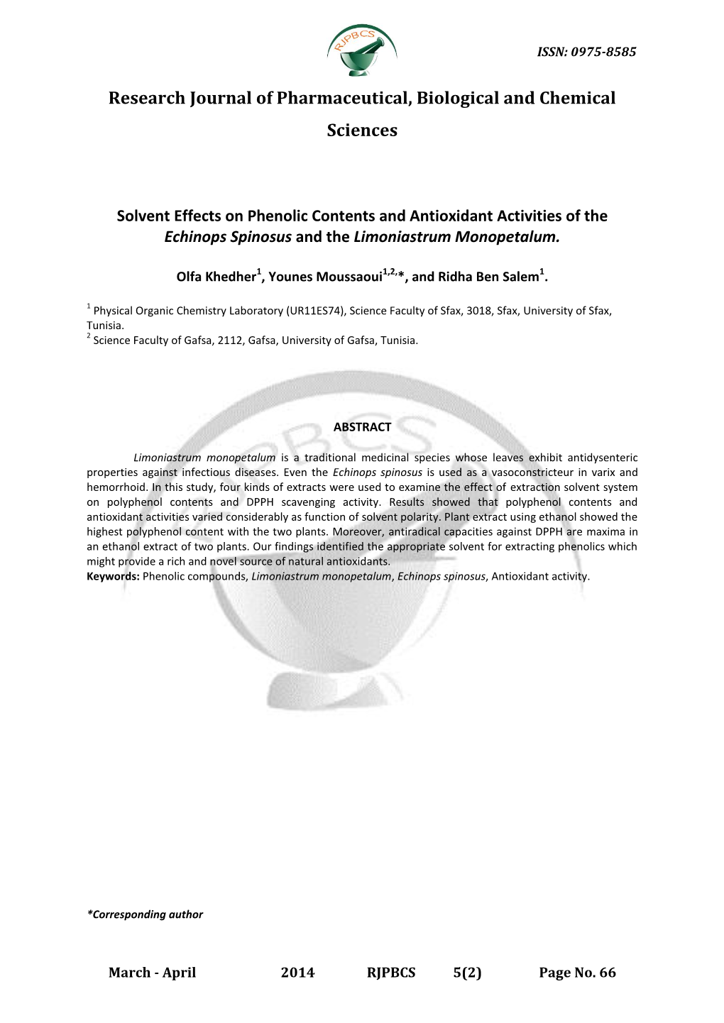 Solvent Effects on Phenolic Contents and Antioxidant Activities of the Echinops Spinosus and the Limoniastrum Monopetalum