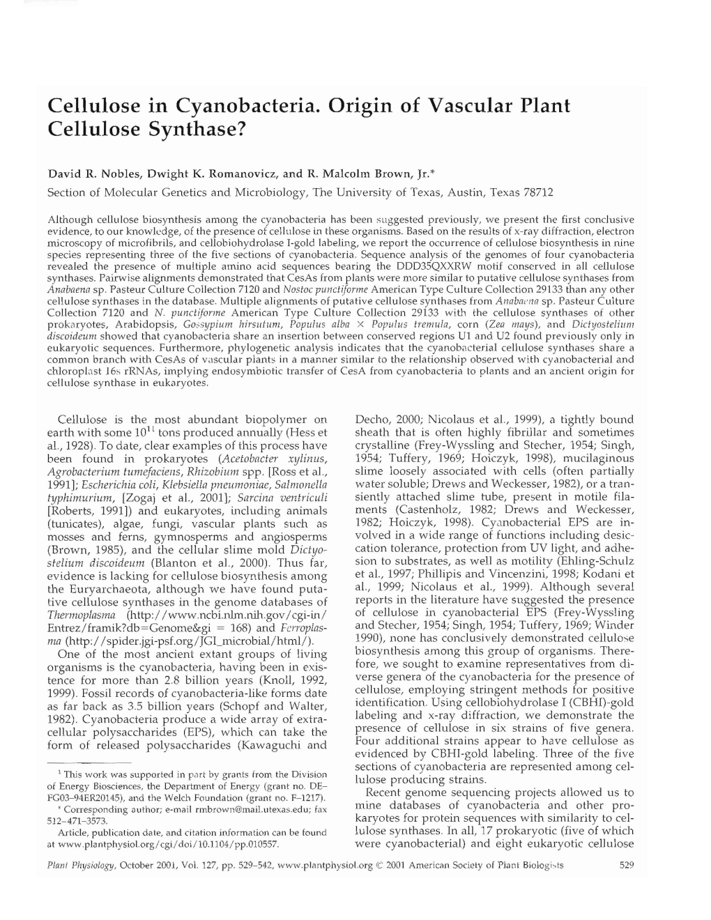 Cellulose in Cyanobacteria. Origin of Vascular Plant Cellulose Synthase?