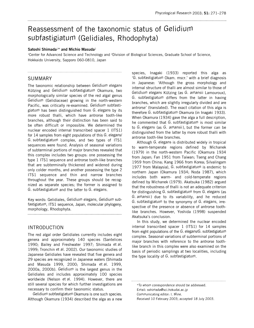 Reassessment of the Taxonomic Status of Gelidium Subfastigiatum (Gelidiales, Rhodophyta)