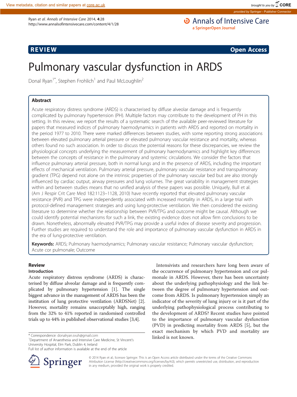 Pulmonary Vascular Dysfunction in ARDS Donal Ryan1*, Stephen Frohlich1 and Paul Mcloughlin2