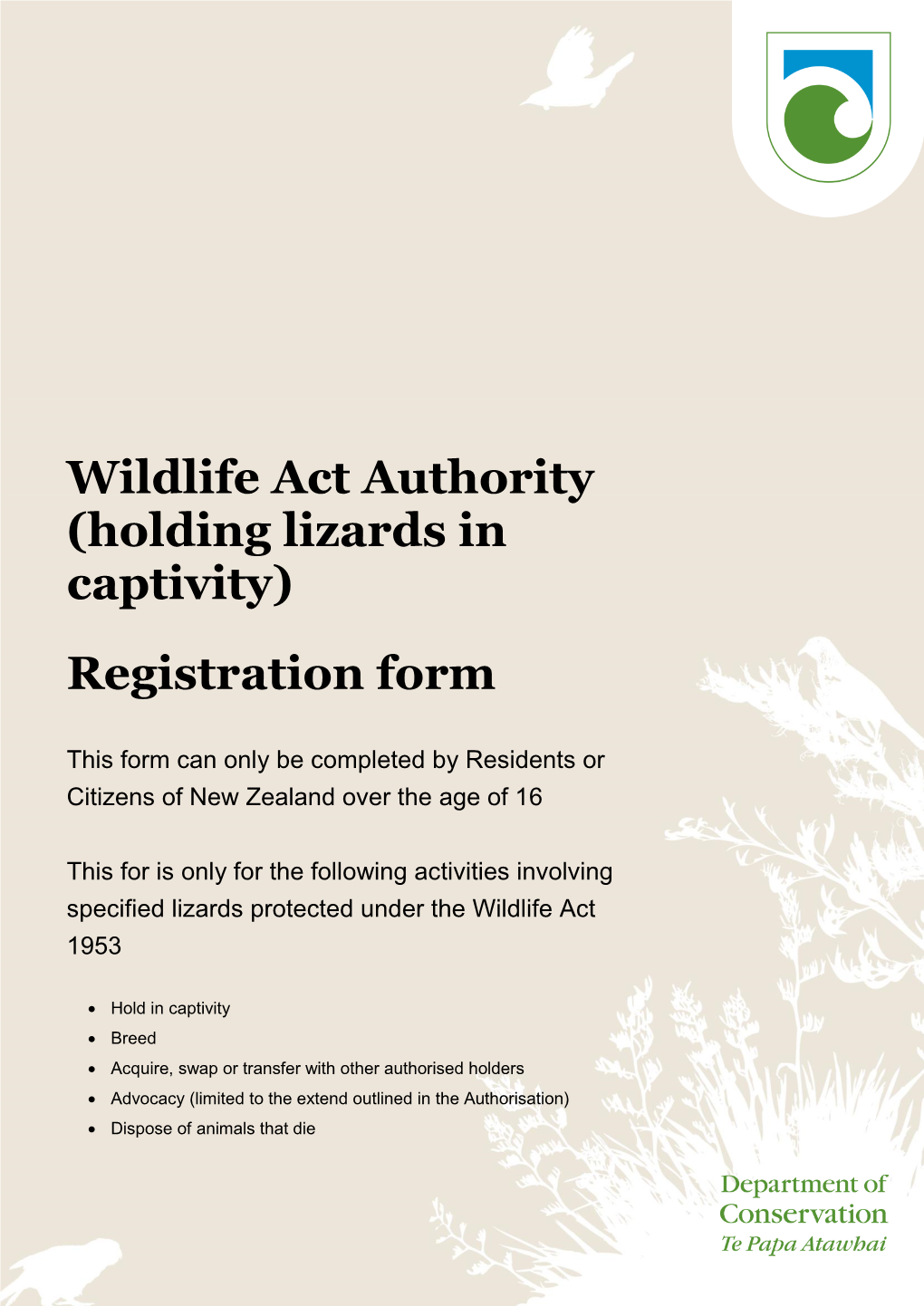 Wildlife Act Authority (Holding Lizards in Captivity) Registration Form