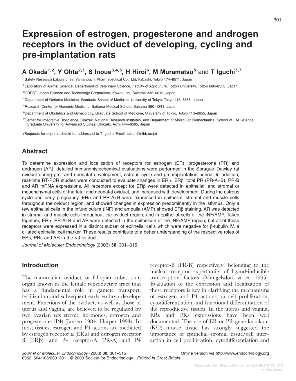 Expression of Estrogen, Progesterone and Androgen Receptors in the Oviduct of Developing, Cycling and Pre-Implantation Rats