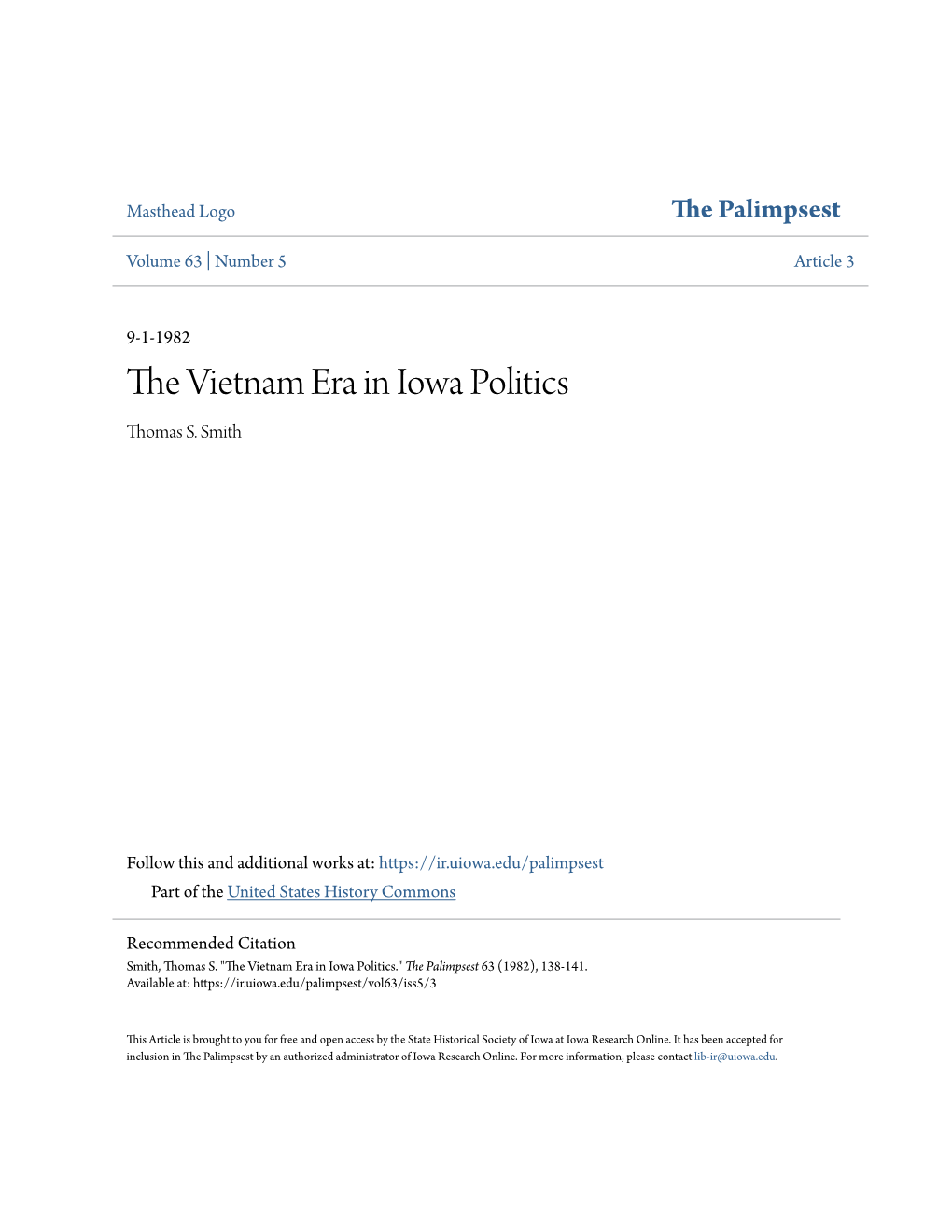 The Vietnam Era in Iowa Politics