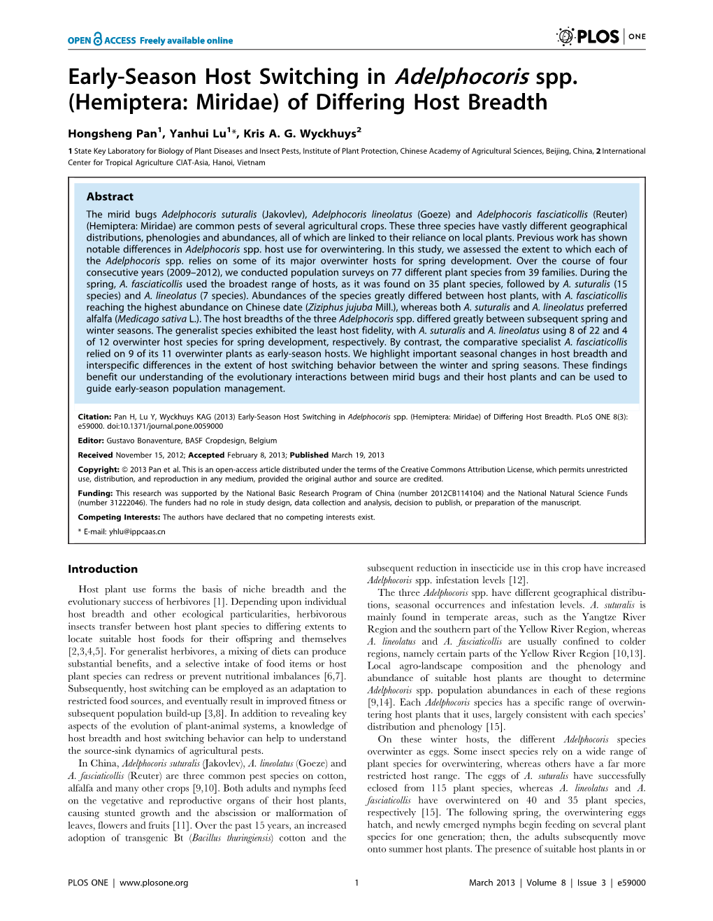 Early-Season Host Switching in Adelphocoris Spp. (Hemiptera: Miridae) of Differing Host Breadth