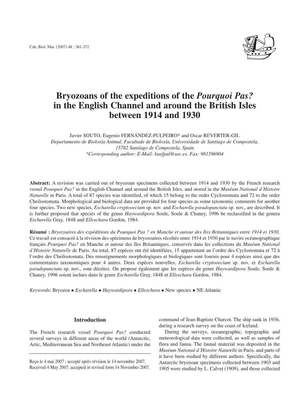 Bryozoans of the Expeditions of the Pourquoi Pas? in the English Channel and Around the British Isles Between 1914 and 1930