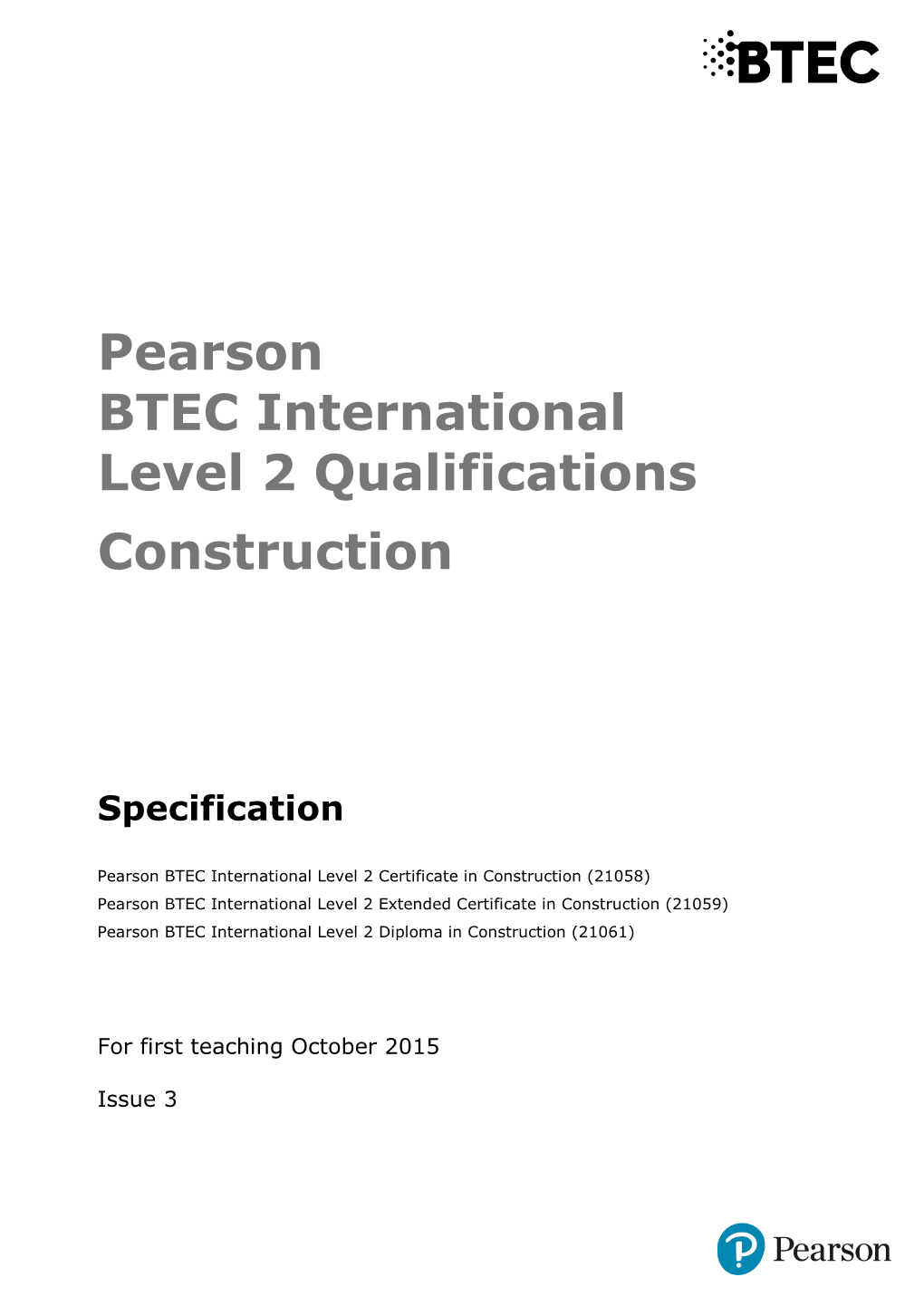 Pearson BTEC International Level 2 Qualifications Construction