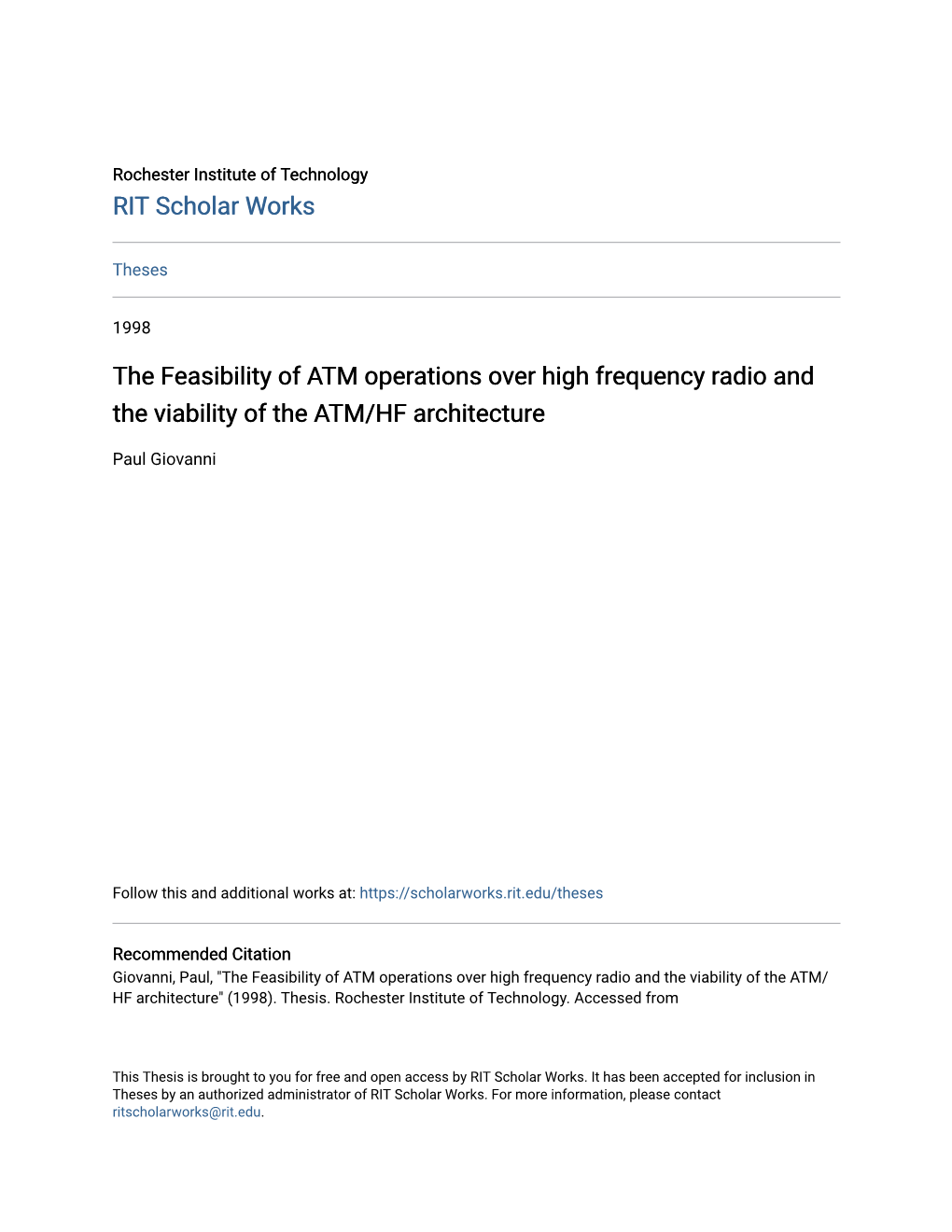 The Feasibility of ATM Operations Over High Frequency Radio and the Viability of the ATM/HF Architecture