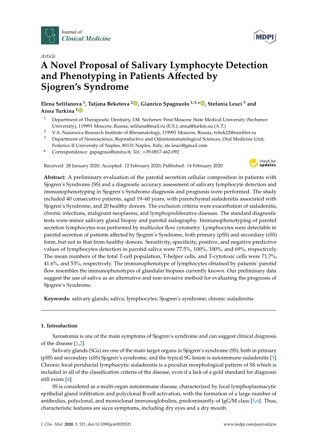 A Novel Proposal of Salivary Lymphocyte Detection and Phenotyping in Patients Aﬀected by Sjogren’S Syndrome