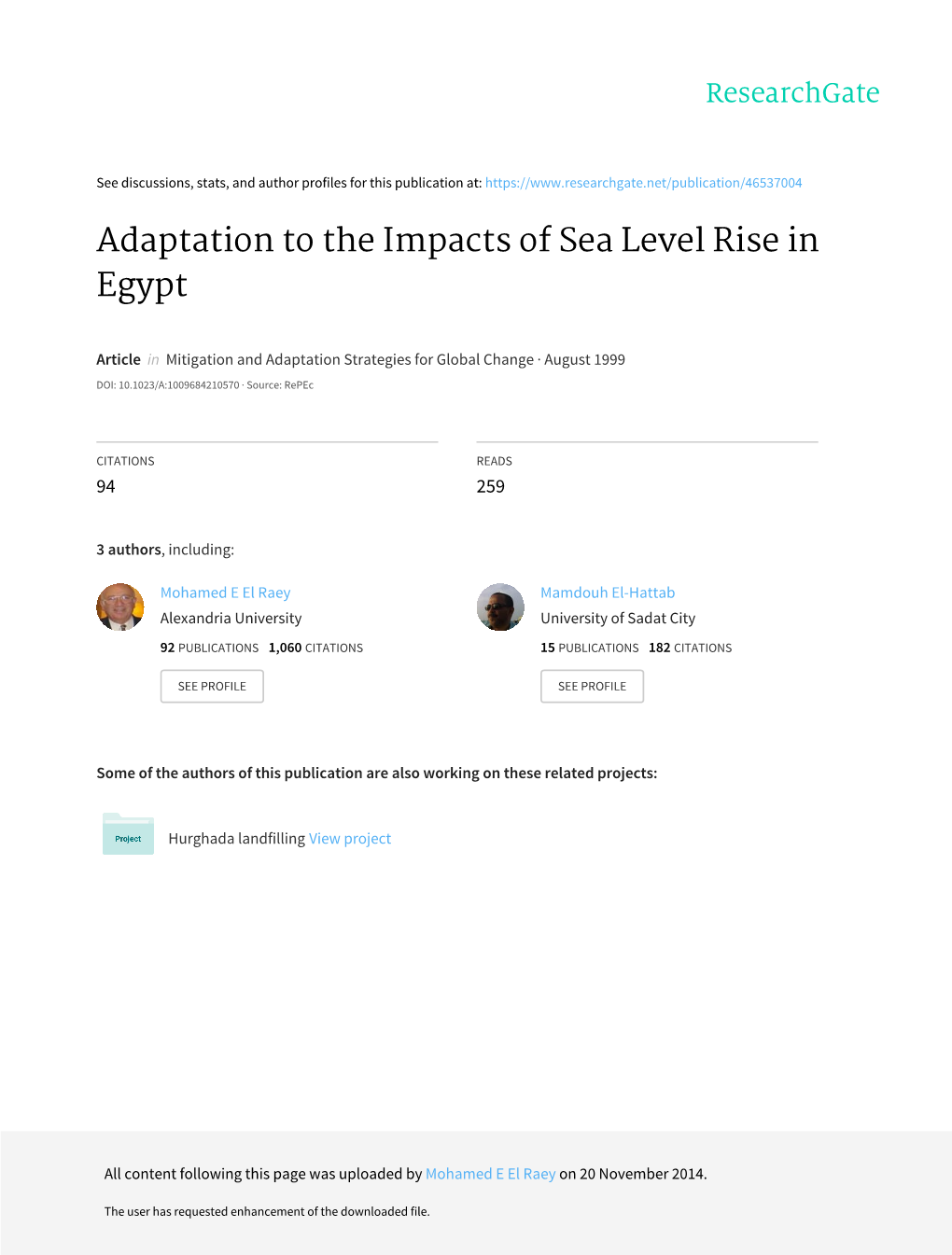 Adaptation to the Impacts of Sea Level Rise in Egypt