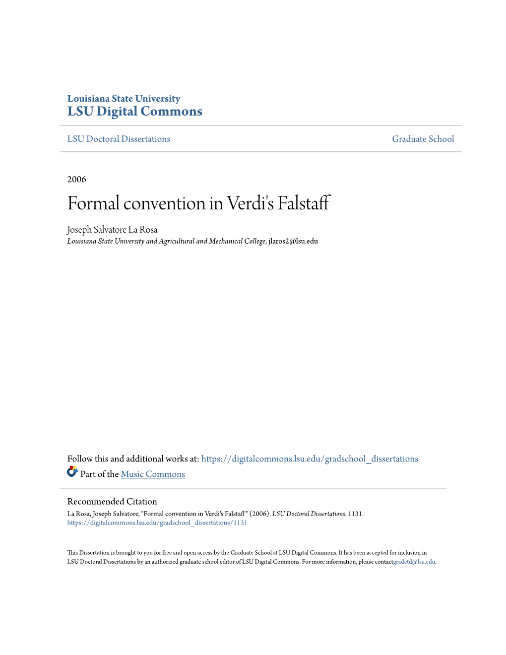 Formal Convention in Verdi's Falstaff Joseph Salvatore La Rosa Louisiana State University and Agricultural and Mechanical College, Jlaros2@Lsu.Edu