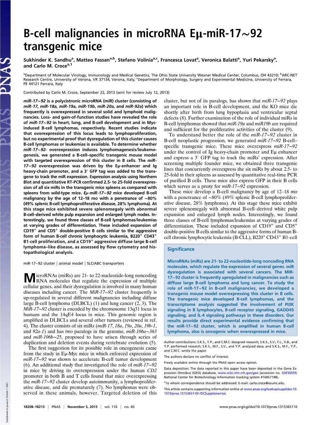 B-Cell Malignancies in Microrna Eμ-Mir-17∼92 Transgenic Mice