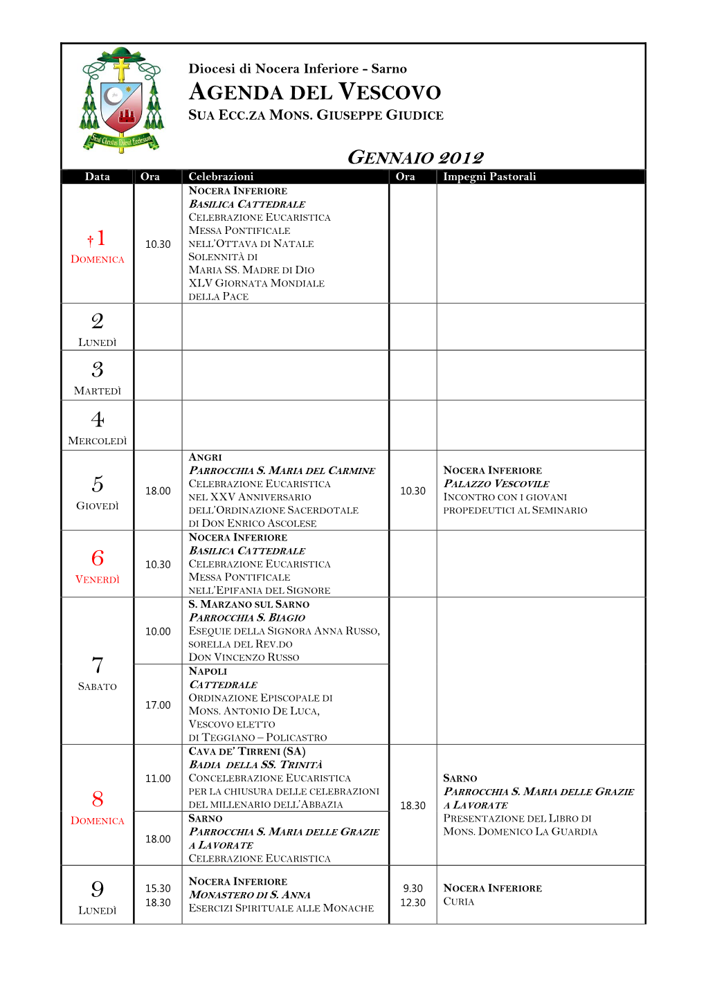 Agenda Del Vescovo Sua Ecc.Za Mons