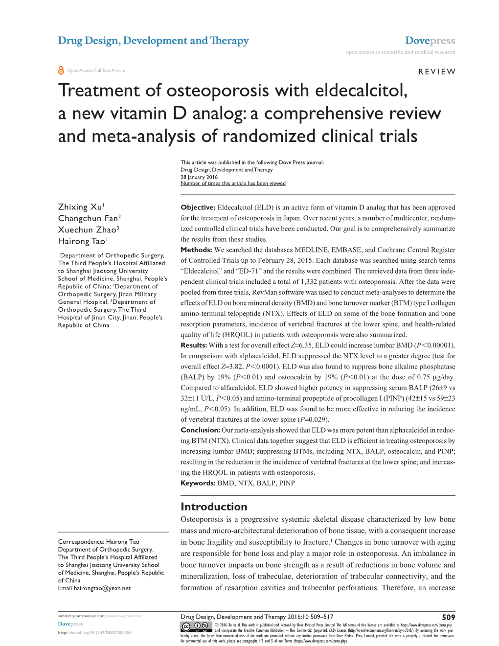 Treatment of Osteoporosis with Eldecalcitol, a New Vitamin D Analog Open Access to Scientific and Medical Research DOI