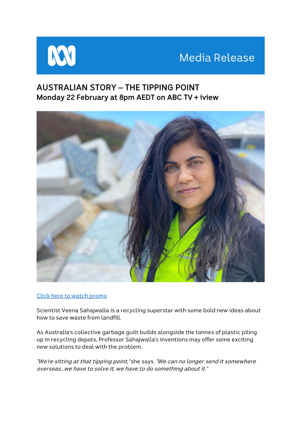 AUSTRALIAN STORY – the TIPPING POINT Monday 22 February at 8Pm AEDT on ABC TV + Iview